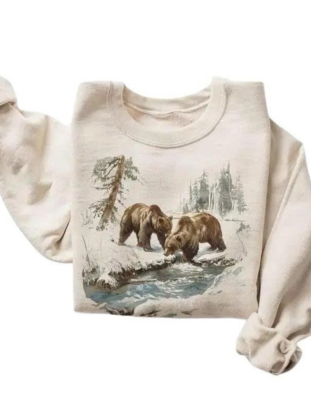 Cream Sweatshirt with Brown Bear Nature Graphic